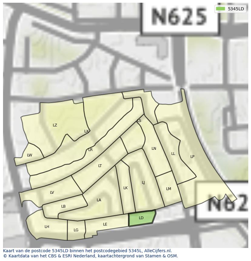 Afbeelding van het postcodegebied 5345 LD op de kaart.