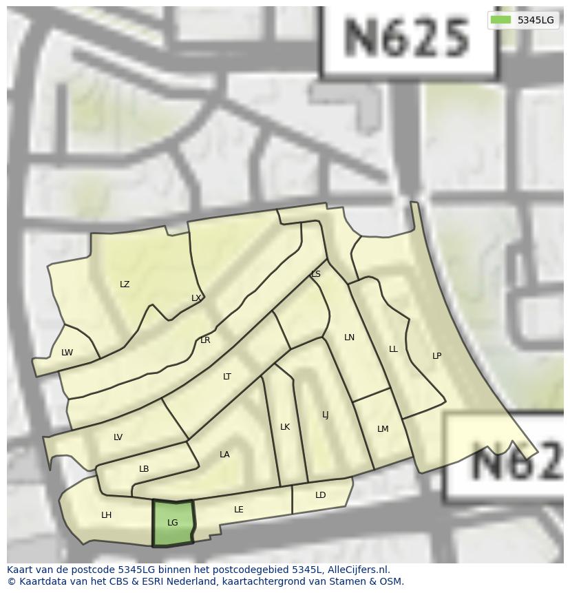 Afbeelding van het postcodegebied 5345 LG op de kaart.