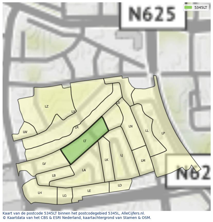 Afbeelding van het postcodegebied 5345 LT op de kaart.