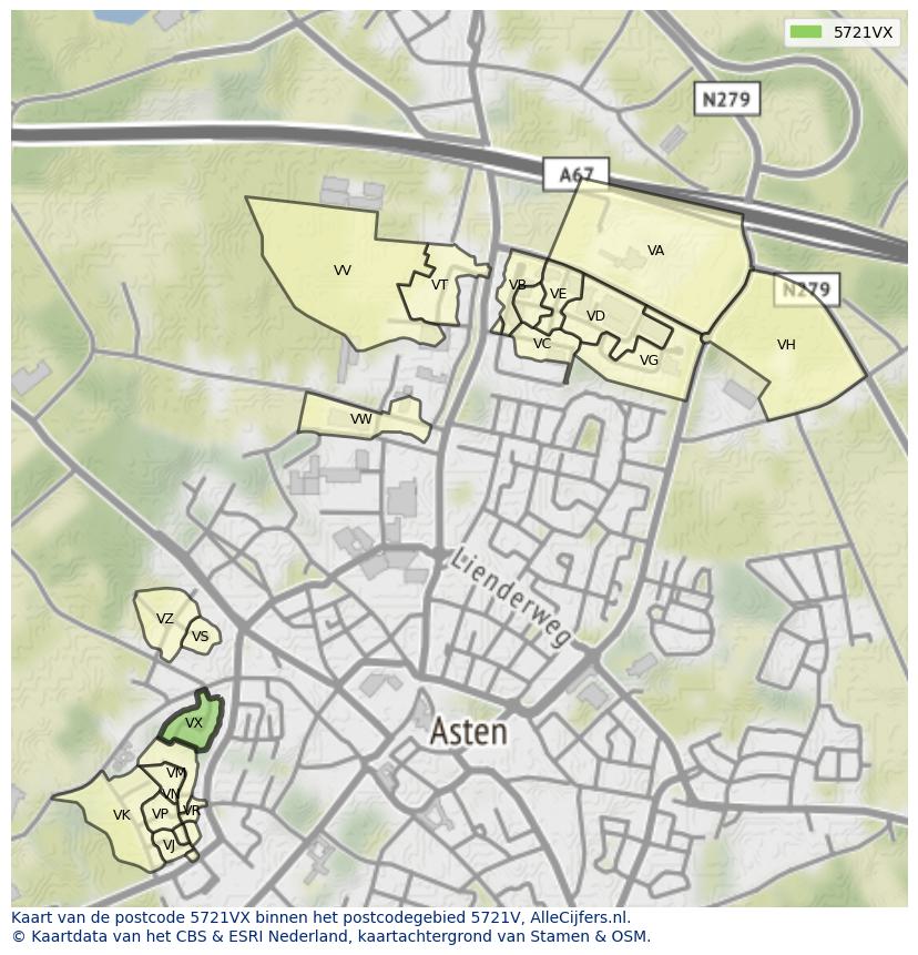 Afbeelding van het postcodegebied 5721 VX op de kaart.