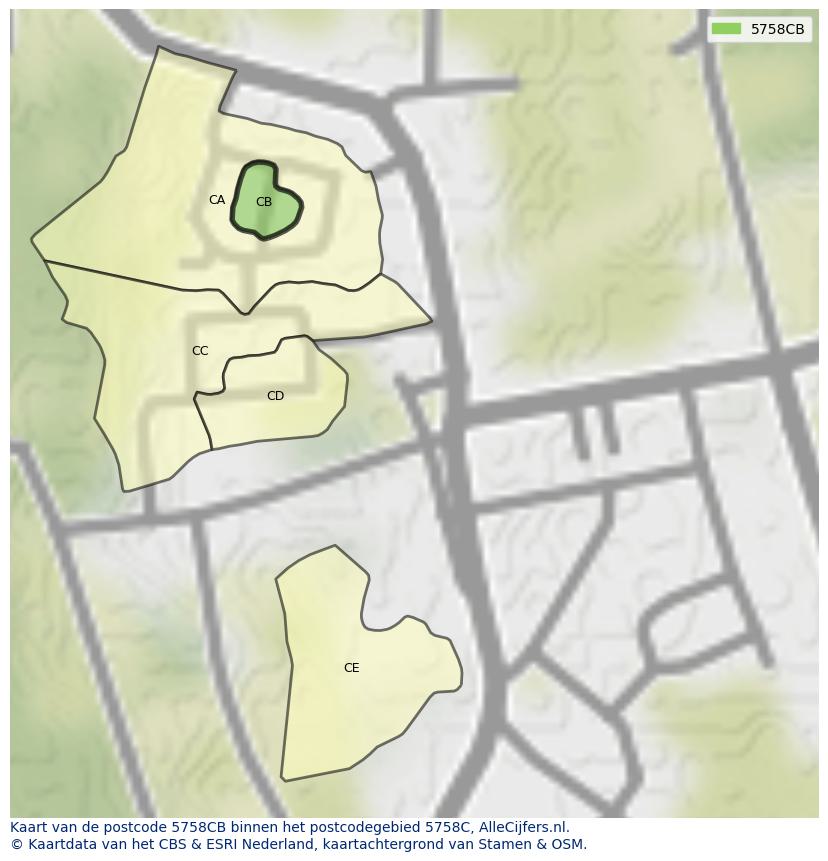 Afbeelding van het postcodegebied 5758 CB op de kaart.