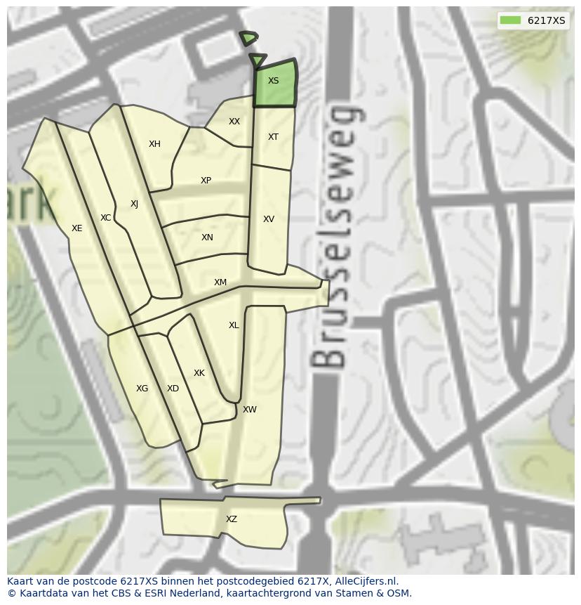 Afbeelding van het postcodegebied 6217 XS op de kaart.