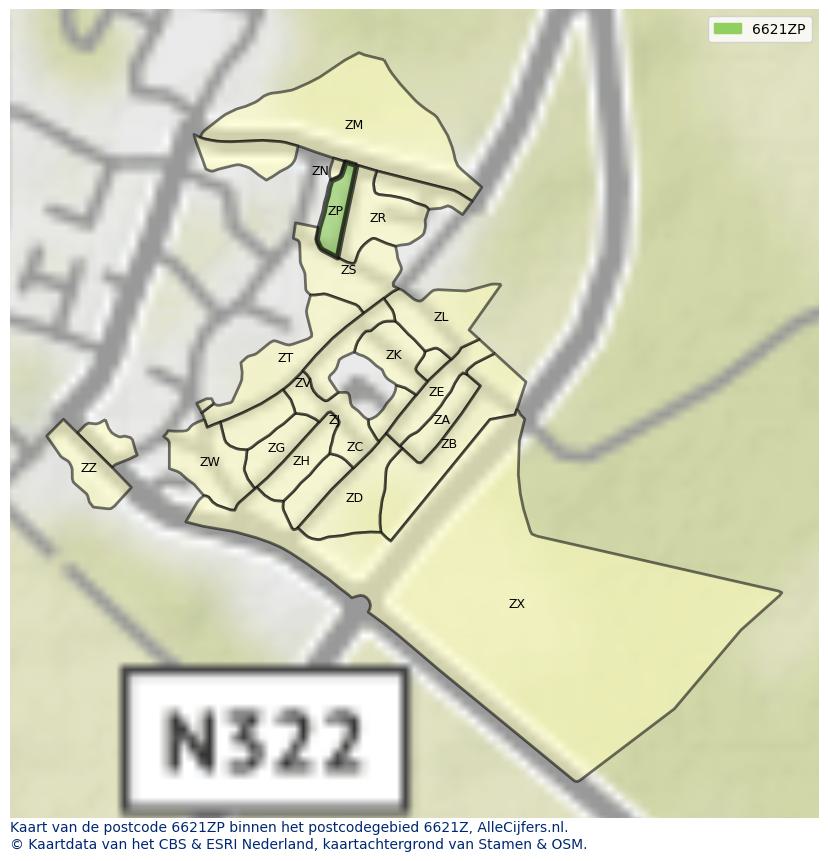 Afbeelding van het postcodegebied 6621 ZP op de kaart.
