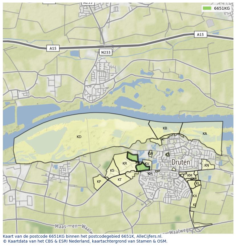 Afbeelding van het postcodegebied 6651 KG op de kaart.