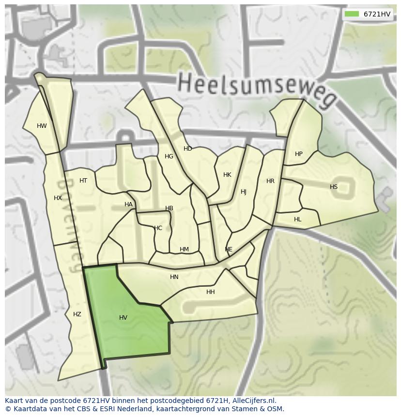 Afbeelding van het postcodegebied 6721 HV op de kaart.