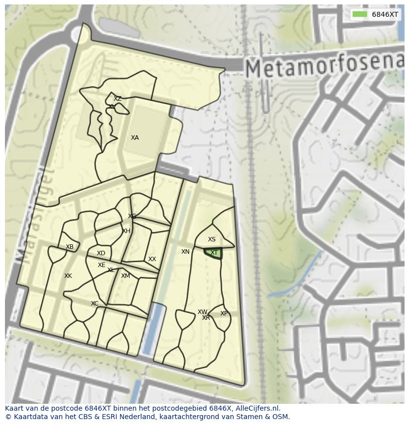 Afbeelding van het postcodegebied 6846 XT op de kaart.