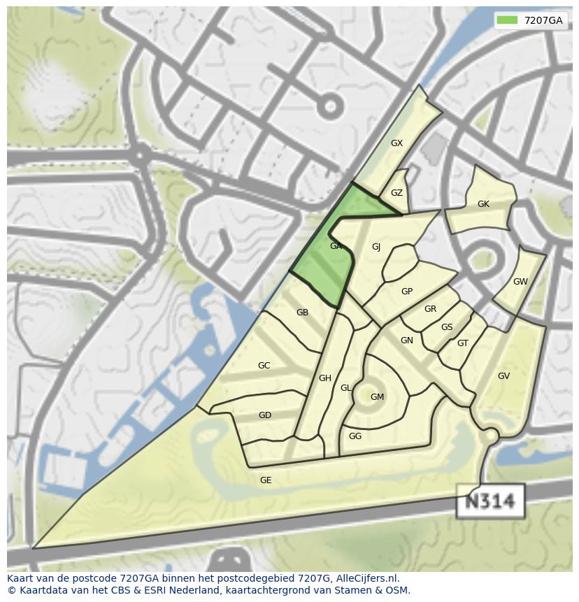 Afbeelding van het postcodegebied 7207 GA op de kaart.