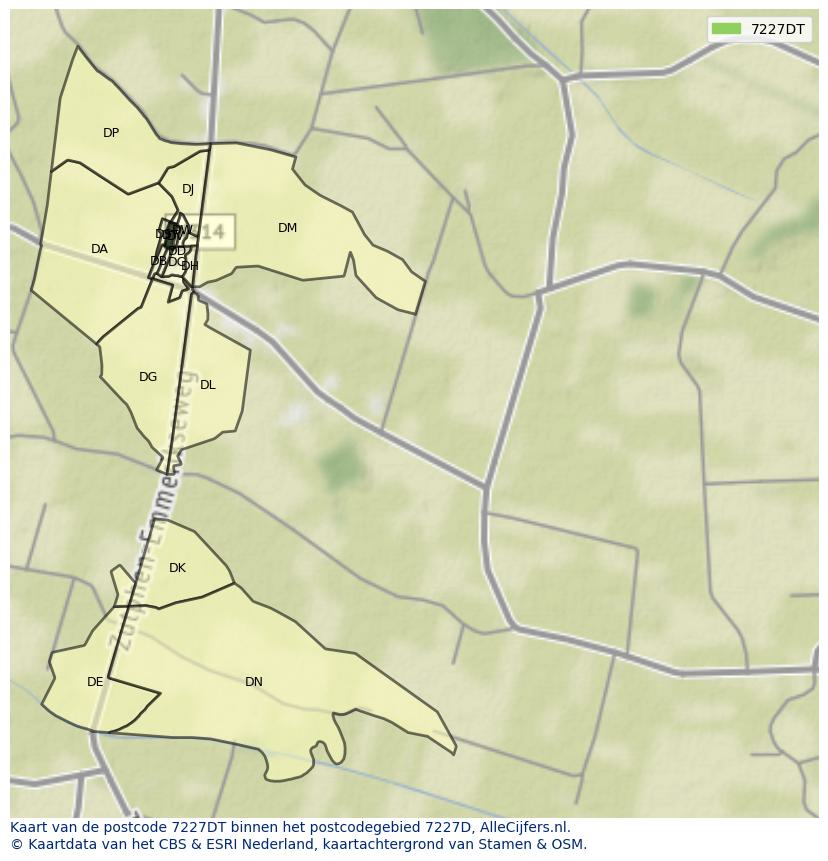 Afbeelding van het postcodegebied 7227 DT op de kaart.