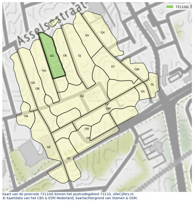 Afbeelding van het postcodegebied 7311 GG op de kaart.