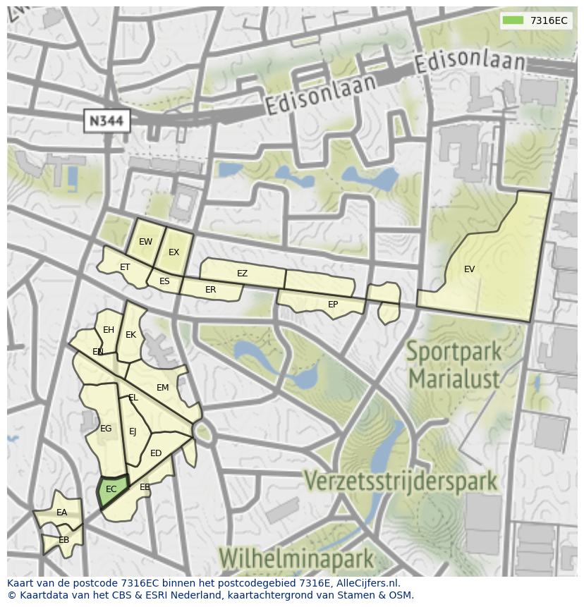 Afbeelding van het postcodegebied 7316 EC op de kaart.