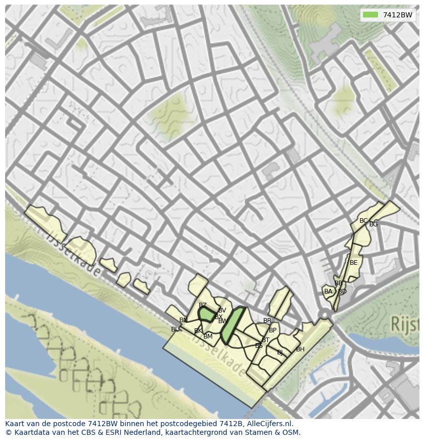 Afbeelding van het postcodegebied 7412 BW op de kaart.