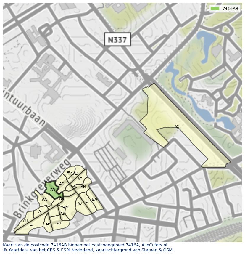 Afbeelding van het postcodegebied 7416 AB op de kaart.