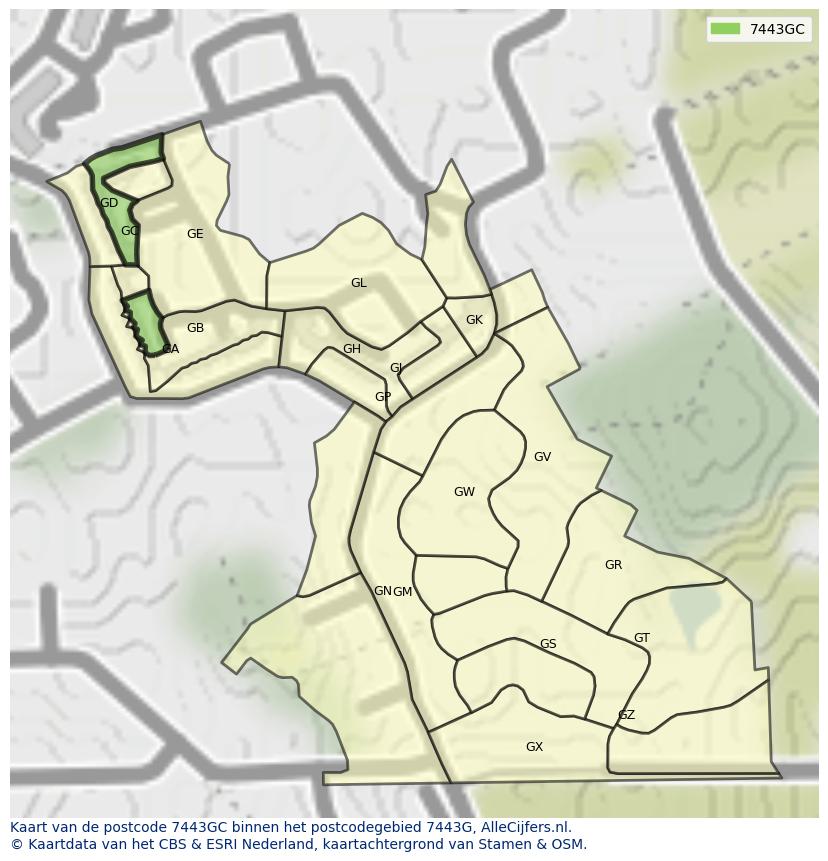 Afbeelding van het postcodegebied 7443 GC op de kaart.