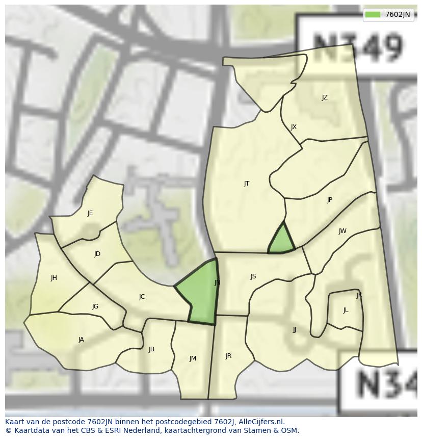 Afbeelding van het postcodegebied 7602 JN op de kaart.