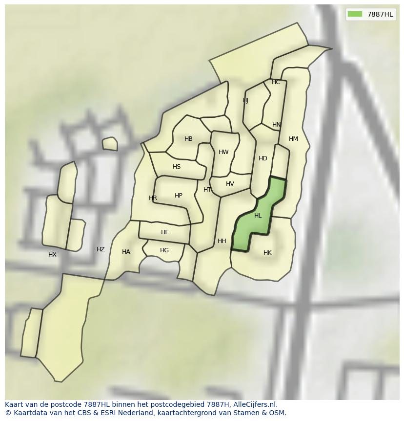 Afbeelding van het postcodegebied 7887 HL op de kaart.