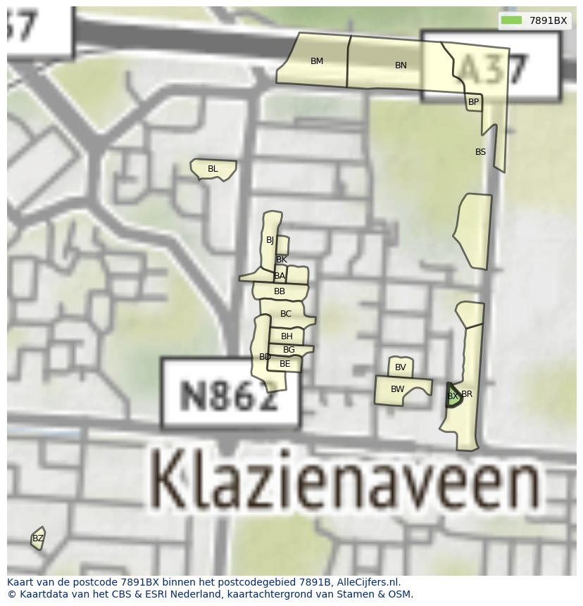 Afbeelding van het postcodegebied 7891 BX op de kaart.