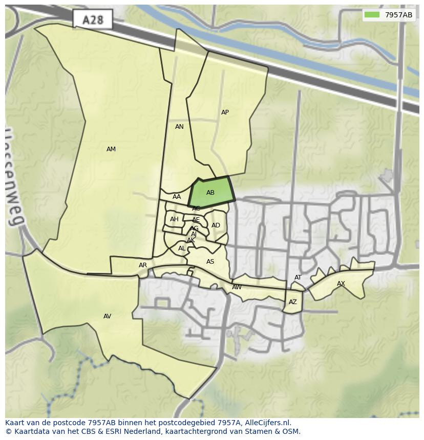 Afbeelding van het postcodegebied 7957 AB op de kaart.