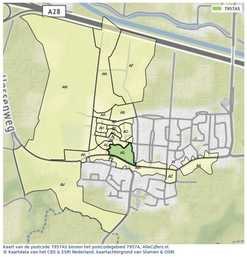 Afbeelding van het postcodegebied 7957 AS op de kaart.
