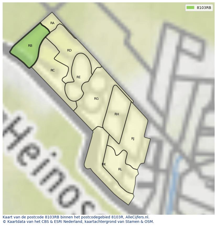 Afbeelding van het postcodegebied 8103 RB op de kaart.