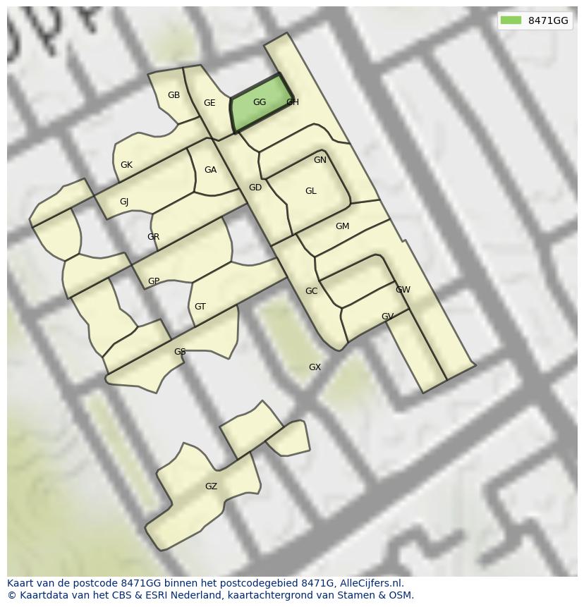 Afbeelding van het postcodegebied 8471 GG op de kaart.