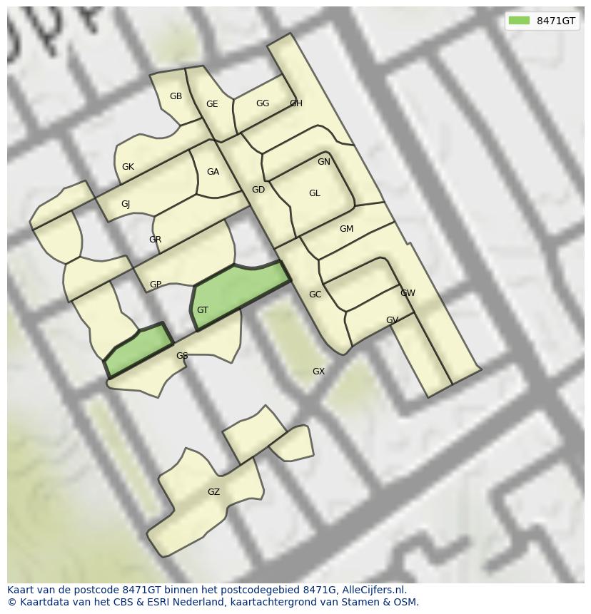 Afbeelding van het postcodegebied 8471 GT op de kaart.
