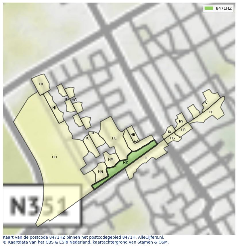 Afbeelding van het postcodegebied 8471 HZ op de kaart.
