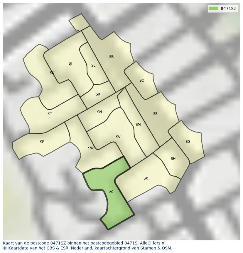 Afbeelding van het postcodegebied 8471 SZ op de kaart.