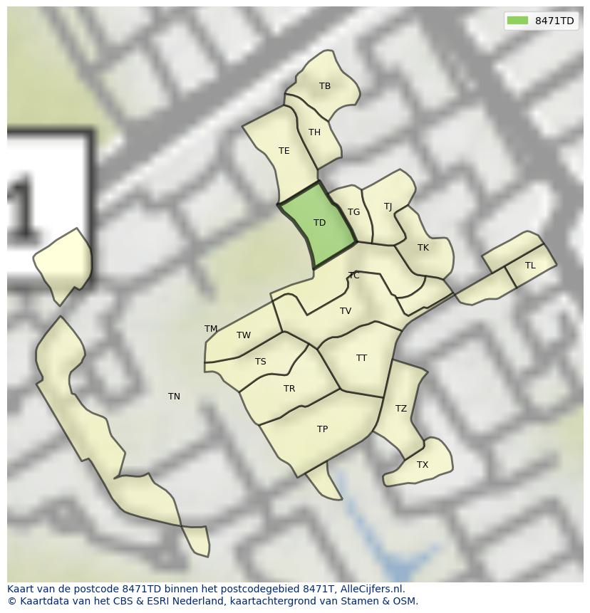 Afbeelding van het postcodegebied 8471 TD op de kaart.