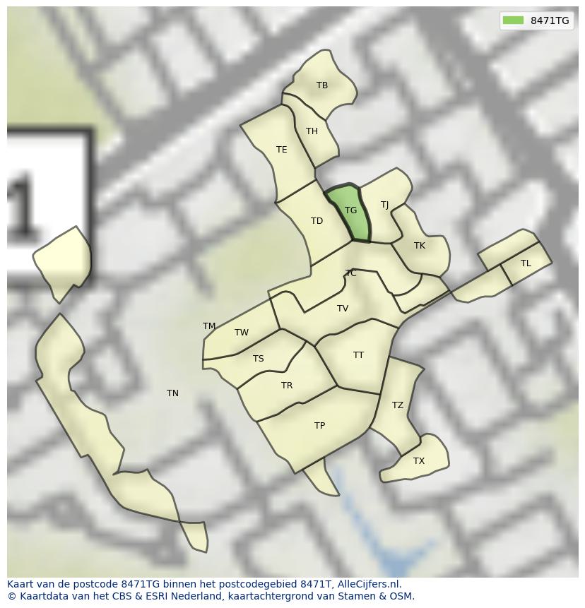 Afbeelding van het postcodegebied 8471 TG op de kaart.