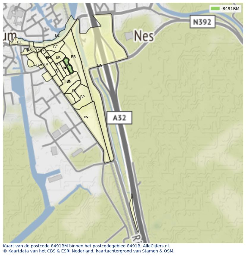 Afbeelding van het postcodegebied 8491 BM op de kaart.