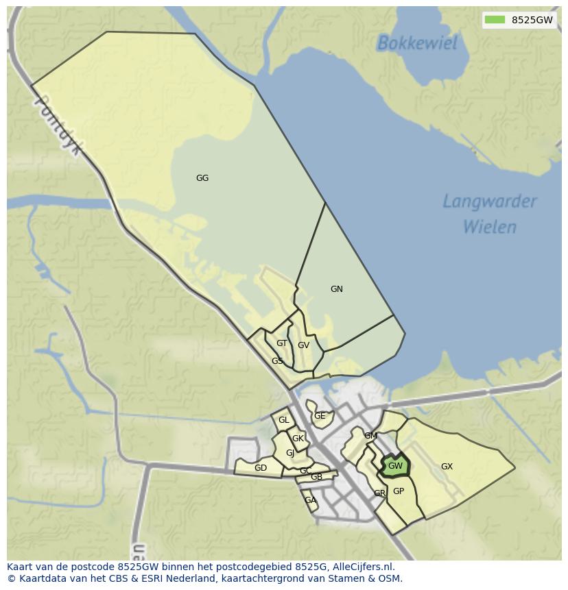 Afbeelding van het postcodegebied 8525 GW op de kaart.