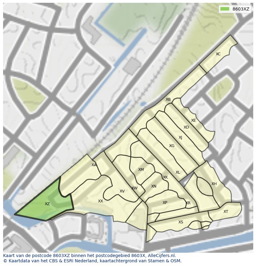 Afbeelding van het postcodegebied 8603 XZ op de kaart.