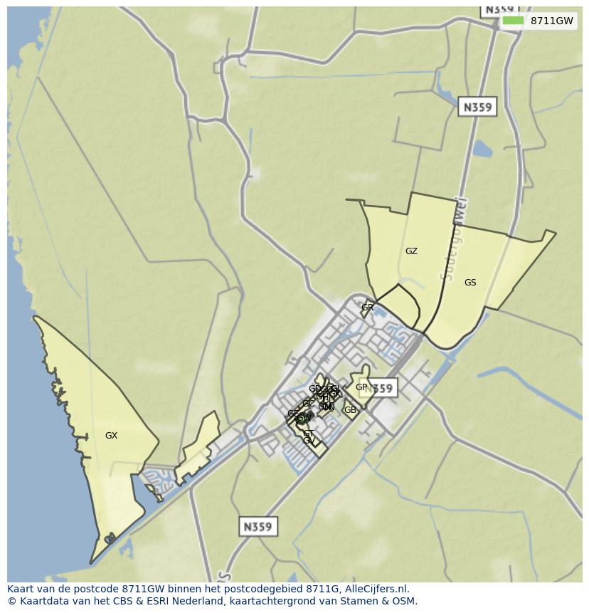 Afbeelding van het postcodegebied 8711 GW op de kaart.