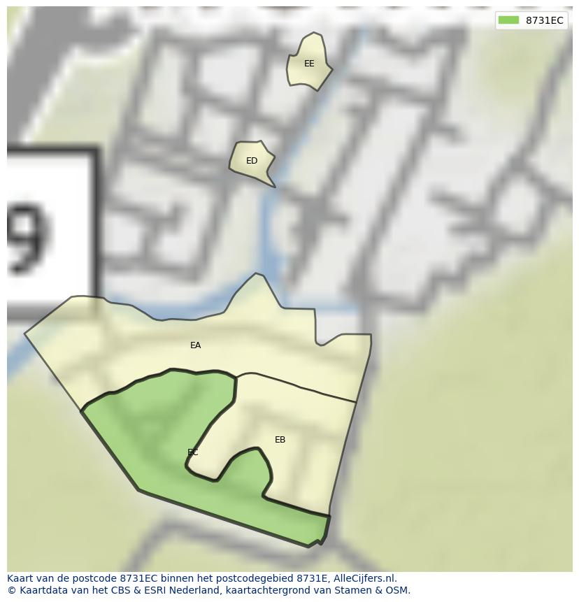 Afbeelding van het postcodegebied 8731 EC op de kaart.