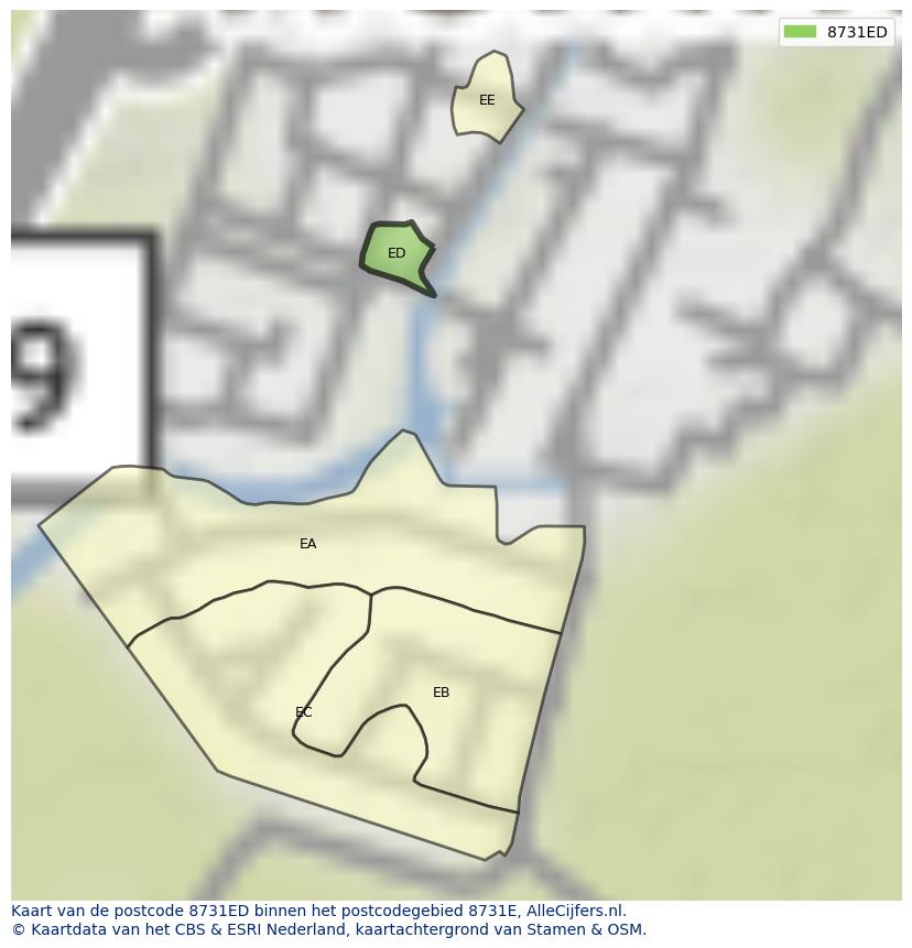 Afbeelding van het postcodegebied 8731 ED op de kaart.