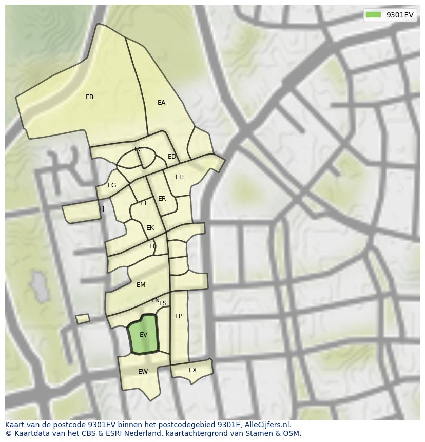 Afbeelding van het postcodegebied 9301 EV op de kaart.