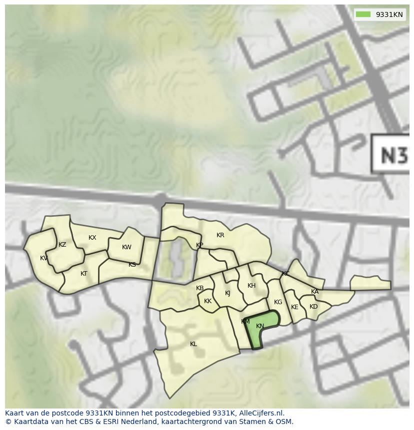 Afbeelding van het postcodegebied 9331 KN op de kaart.