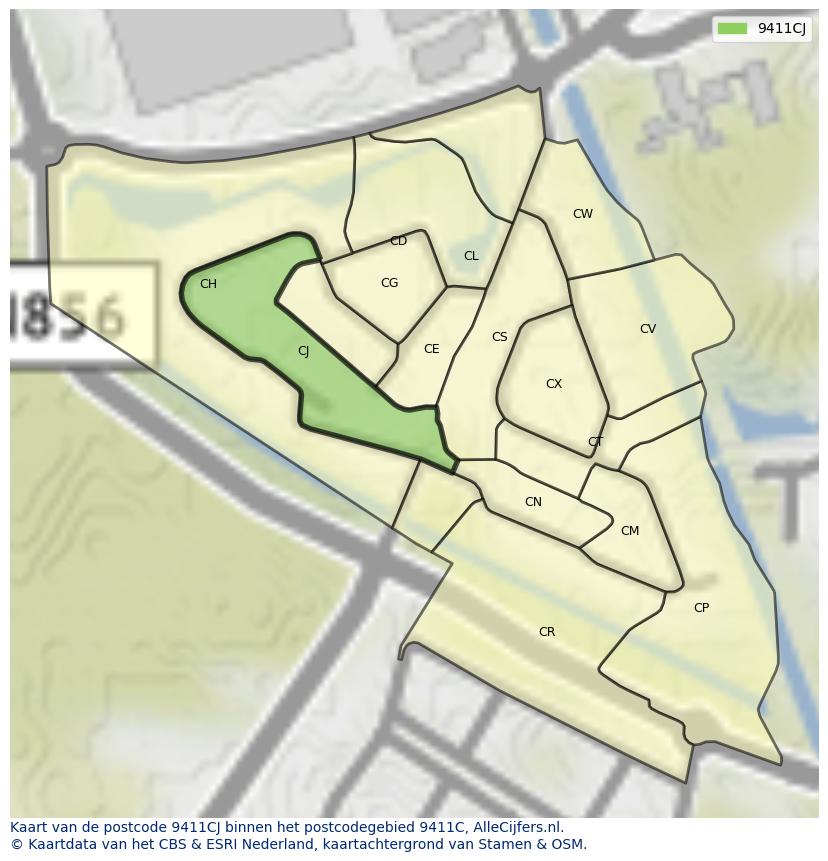 Afbeelding van het postcodegebied 9411 CJ op de kaart.