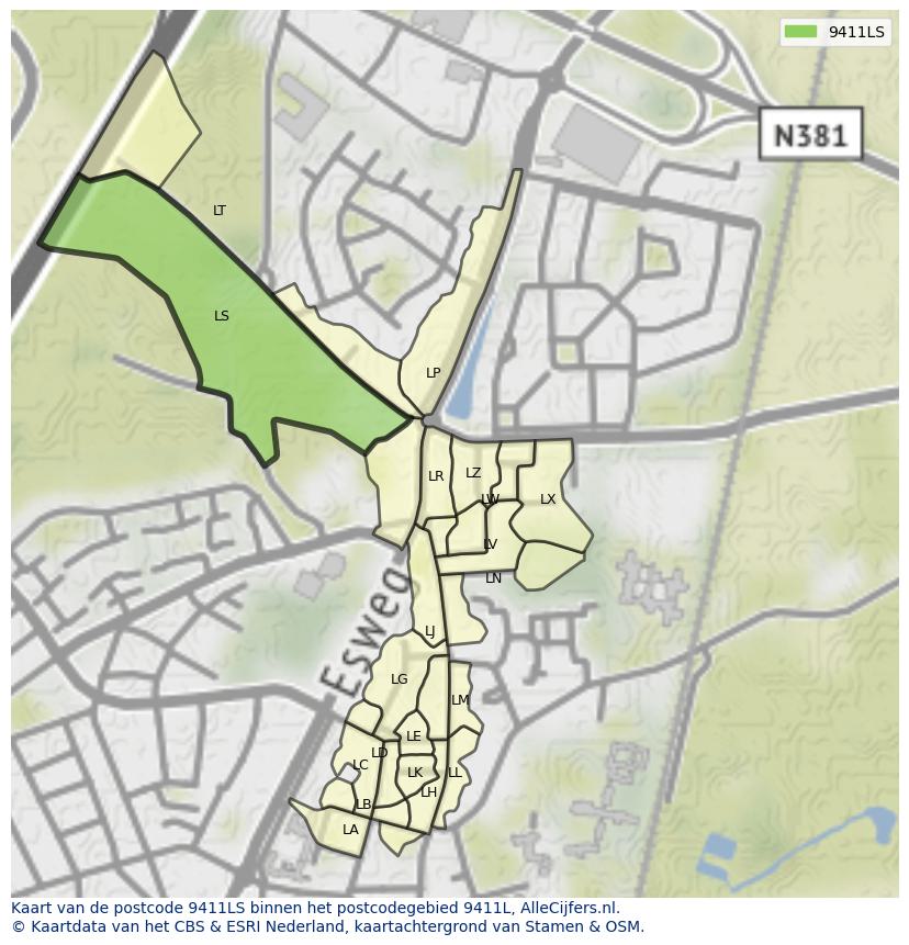 Afbeelding van het postcodegebied 9411 LS op de kaart.