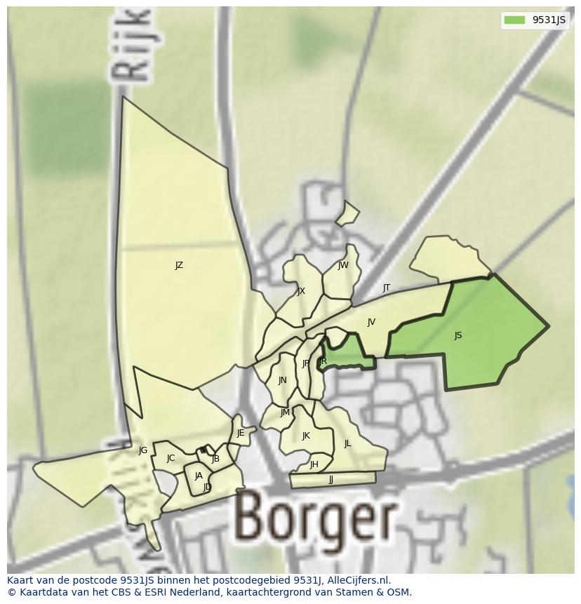 Afbeelding van het postcodegebied 9531 JS op de kaart.