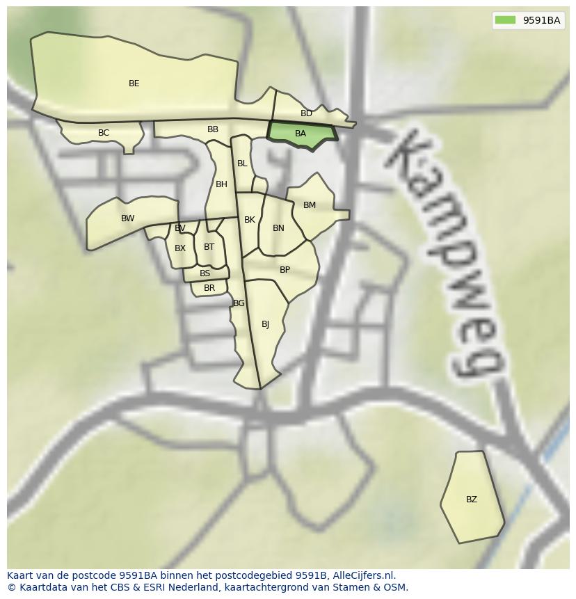 Afbeelding van het postcodegebied 9591 BA op de kaart.
