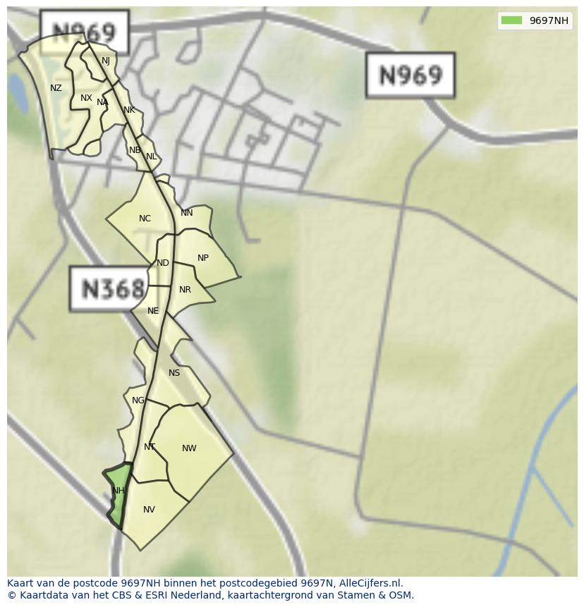 Afbeelding van het postcodegebied 9697 NH op de kaart.