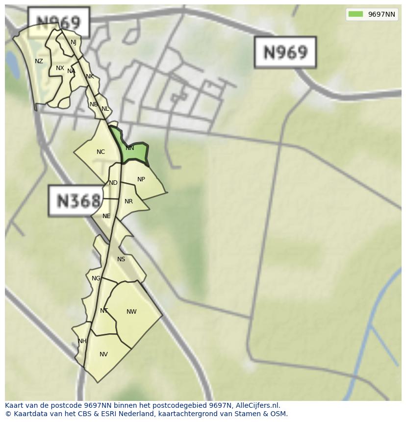 Afbeelding van het postcodegebied 9697 NN op de kaart.