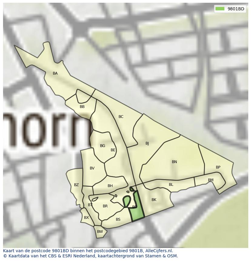 Afbeelding van het postcodegebied 9801 BD op de kaart.