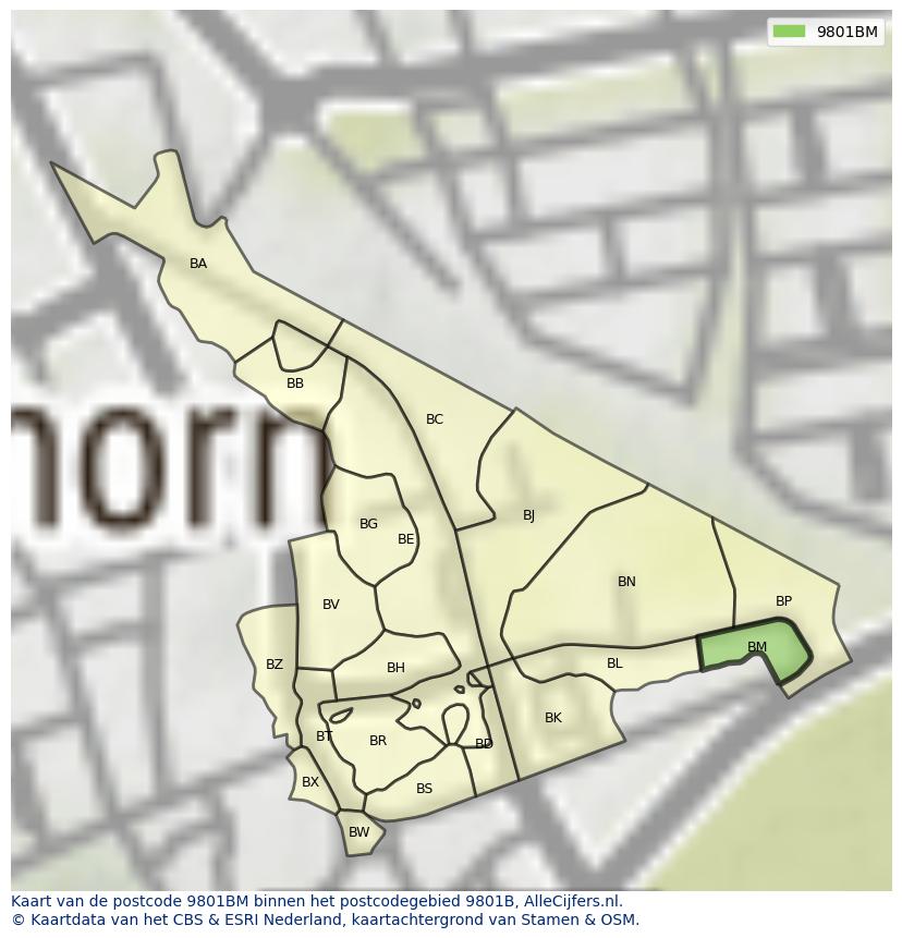 Afbeelding van het postcodegebied 9801 BM op de kaart.