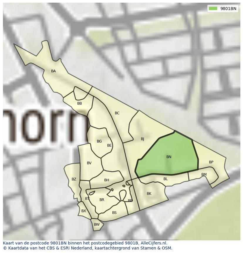 Afbeelding van het postcodegebied 9801 BN op de kaart.