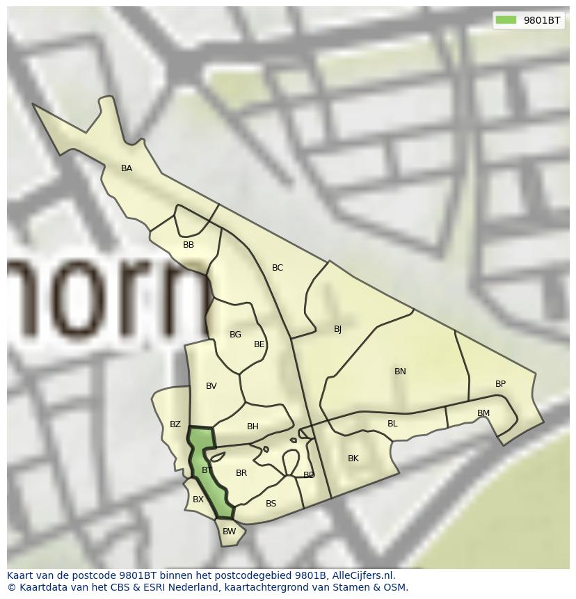 Afbeelding van het postcodegebied 9801 BT op de kaart.