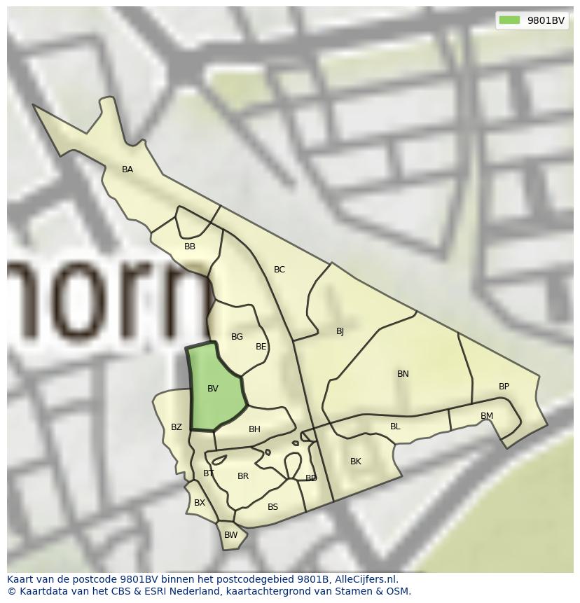 Afbeelding van het postcodegebied 9801 BV op de kaart.