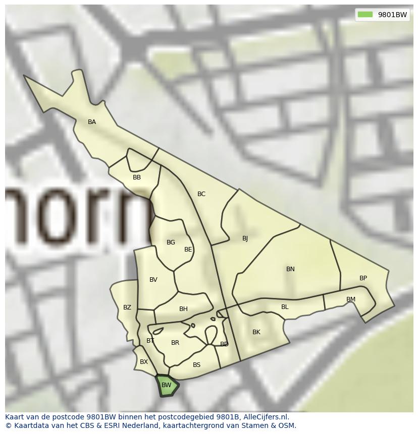 Afbeelding van het postcodegebied 9801 BW op de kaart.