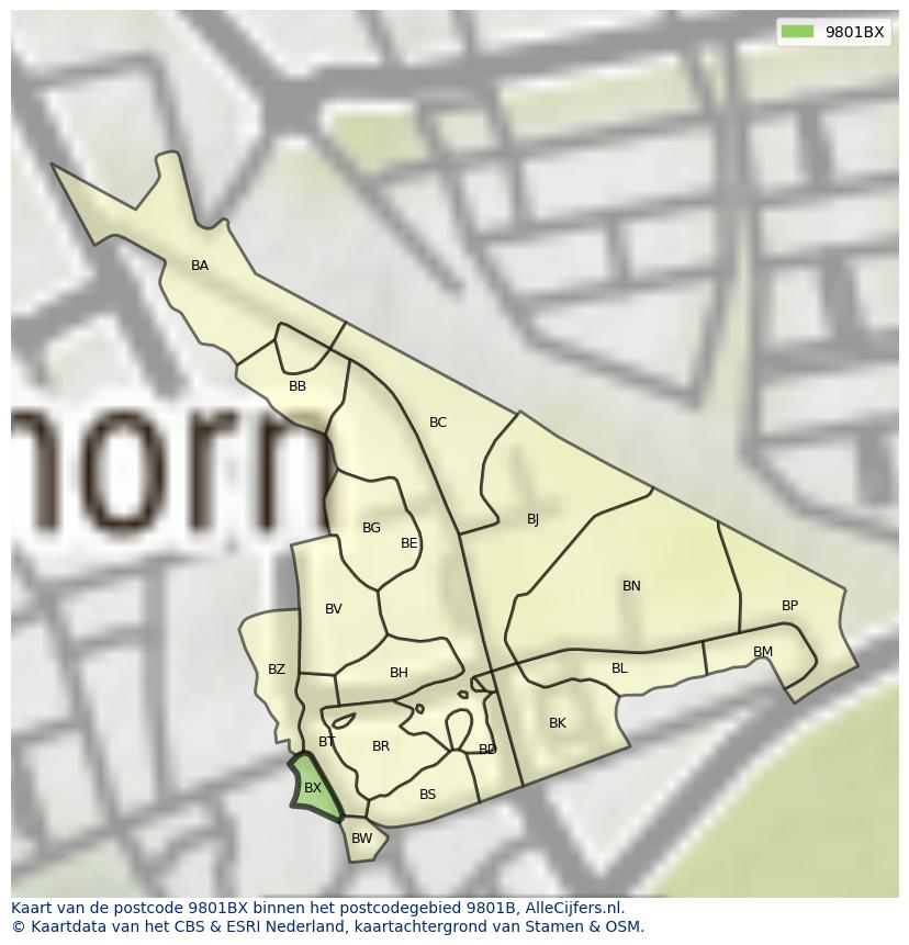 Afbeelding van het postcodegebied 9801 BX op de kaart.